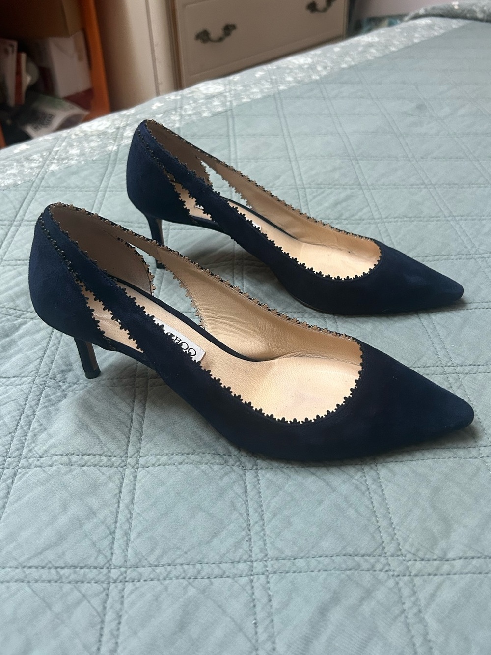 Jimmy Choo Diva 85 Navy Suede Scalloped Pumps